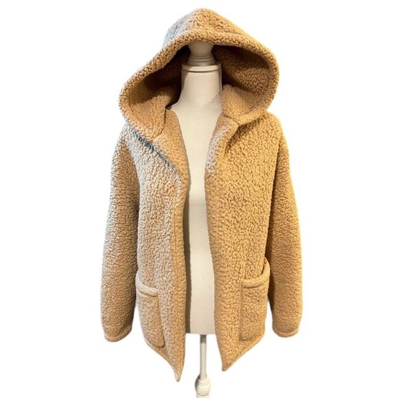 Hollister Tan Hooded Sherpa Jacket with Patch Pockets Size X-SMALL Cozy Teddy - Picture 2 of 8